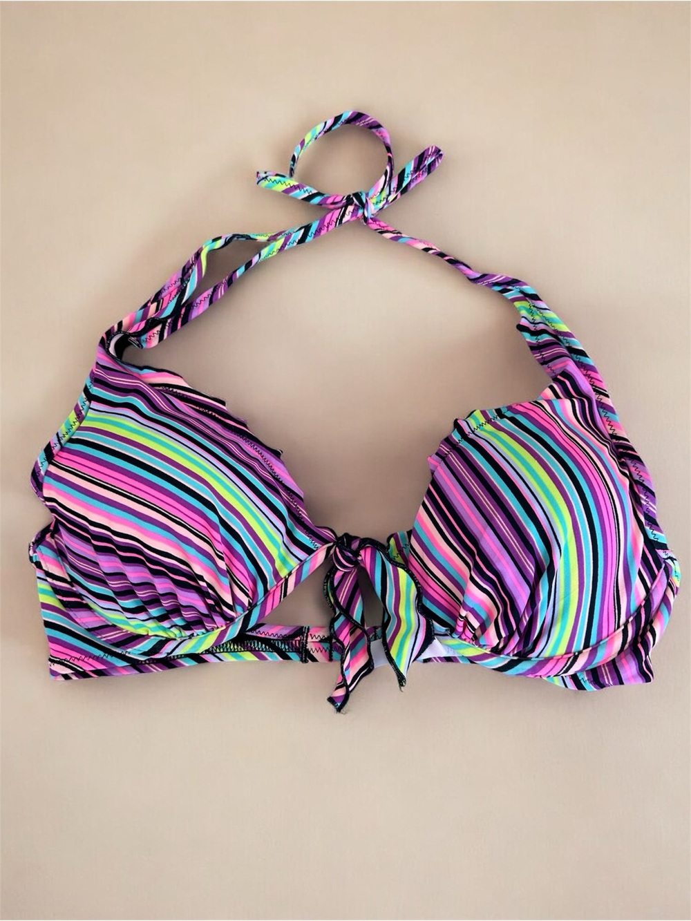 Y2K Victorias Secret 32D High Tie Halter Bikini Top Striped Black Pink